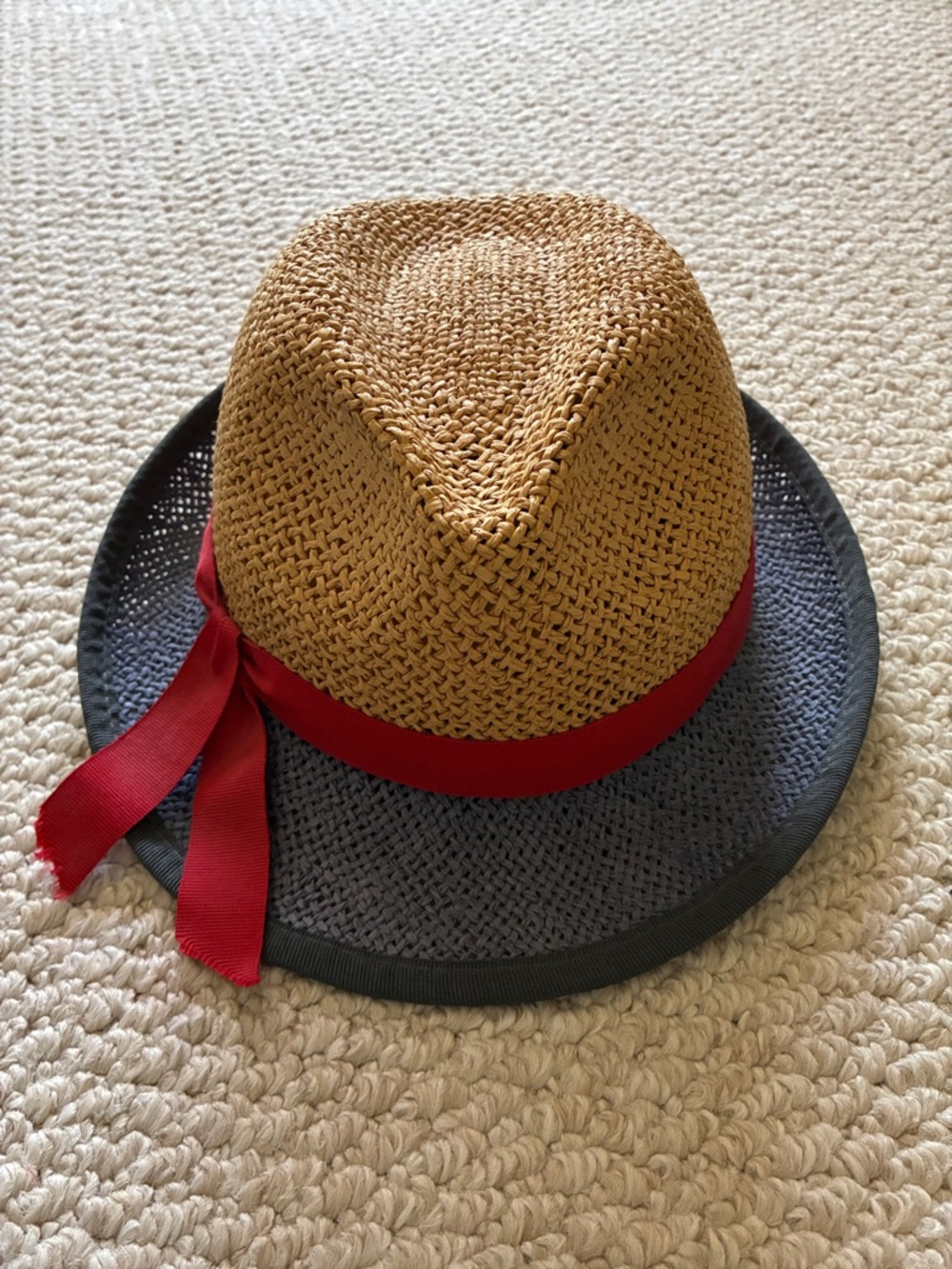 Maria Paola Caligo Two-Tone Straw Fedora hat with Red Ribbon